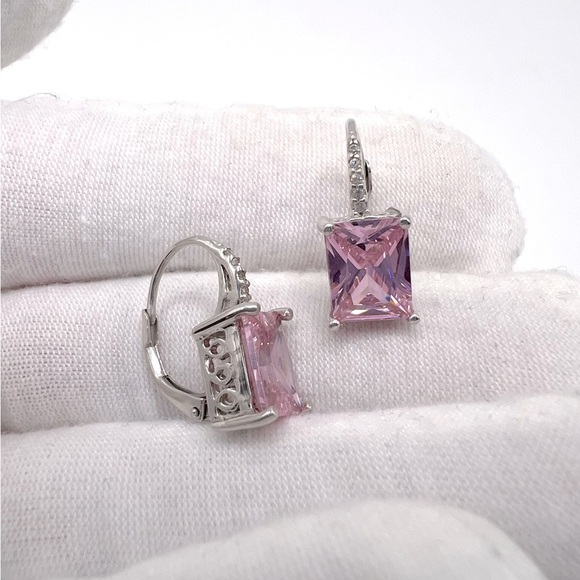 Jewelry - .925 Sterling Silver 9mmx7mm Rectangle Pink Cz Lever Back Earrings